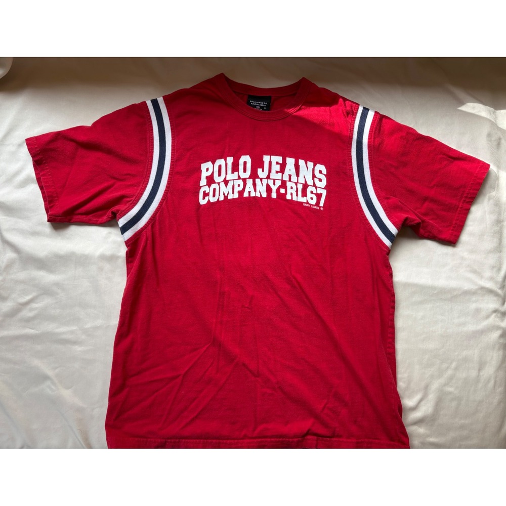 Vintage 90s Polo Jeans Co Ralph Lauren Kids XL Red Graphic T-Shirt RL67 Cotton